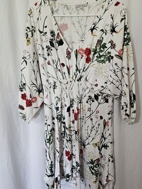white birch White Floral V-Neck Smocked Waist Long Sleeve Dress